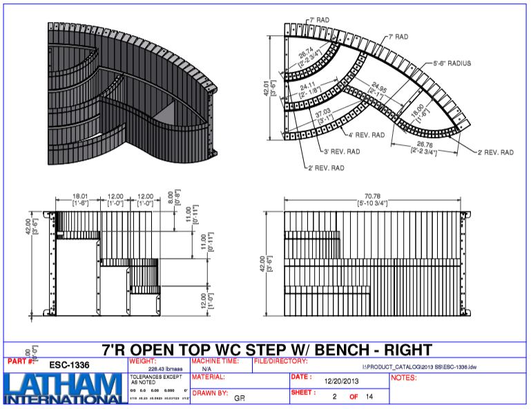 7' Radius Steel Wedding Cake Corner Steps 42" w/ Left Bench